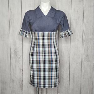 VTG 50s 60s Plaid & Chambray Wiggle Dress with Ruffle Half Sleeves & Metal Zip